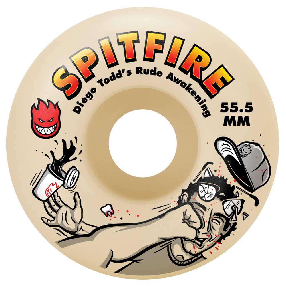 Diego Rude Awakenings 55.5mm 99A Formula Four Spitfire Wheels Classic feature SPITFIRE in bold yellow and red, Diego Todd’s Rude Awakening design, plus cartoon fist, spilled coffee, hat, and grinning flame graphics.
