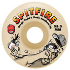 Diego Rude Awakenings 55.5mm 99A Formula Four Spitfire Wheels Classic feature SPITFIRE in bold yellow and red, Diego Todd’s Rude Awakening design, plus cartoon fist, spilled coffee, hat, and grinning flame graphics.