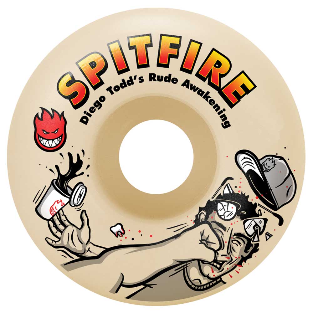 The Diego Rude Awakenings 53.5mm 99A Formula Four Spitfire Wheels Classic features colorful cartoon art of a person splashed with coffee, a grinning flame, and bold text on durable Formula Four urethane.