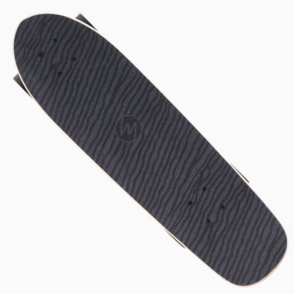 The Dinghy Classic Fender Moray Eel Landyachtz Complete Skateboard features a black deck with subtle wavy stripes, a faint circular center logo, and molded wheel flares, shown from above on a white background.