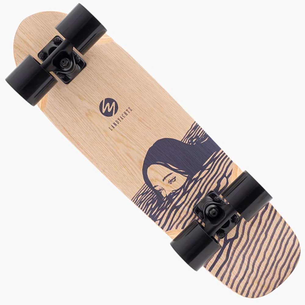 The Dinghy Classic Fender Moray Eel Landyachtz Complete Skateboard features black wheels, molded wheel flares, a face partially submerged in stylized water waves, a circular logo, and "LAYBACKZ" printed on the deck.