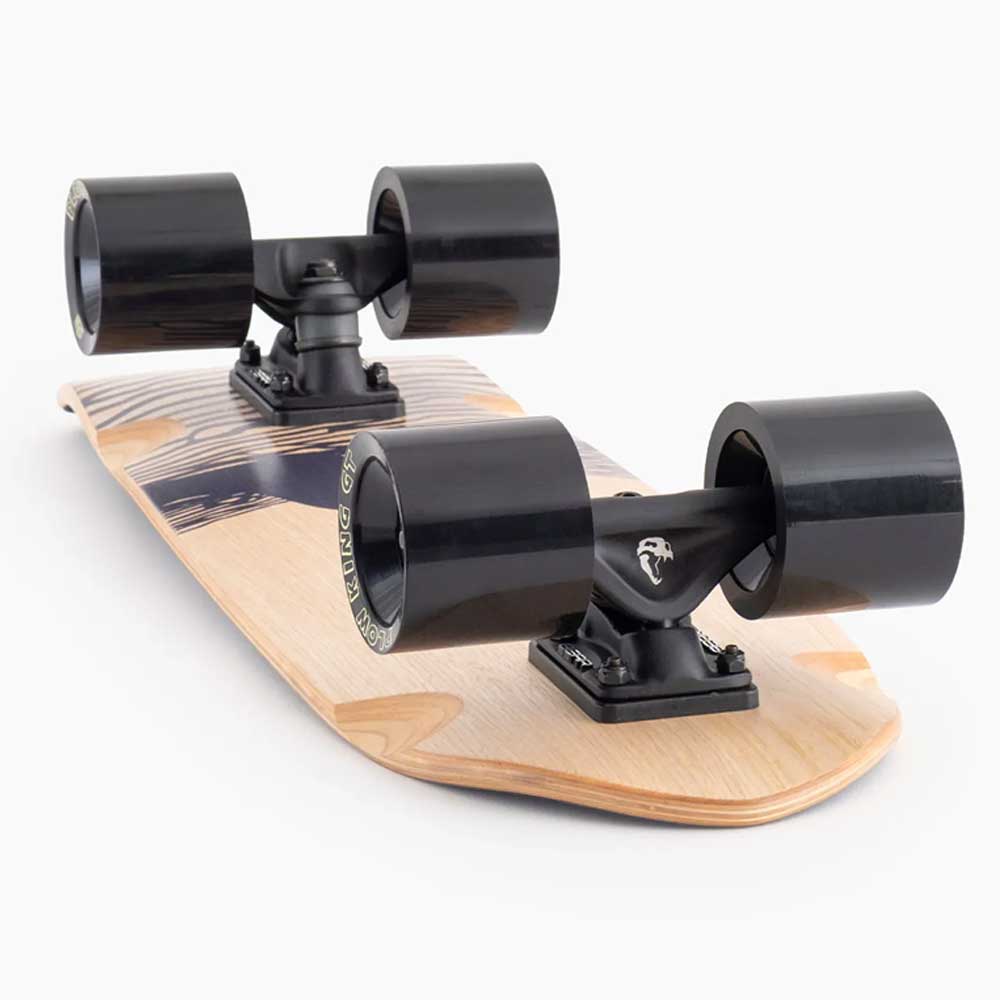 A rear view of the Dinghy Classic Fender Moray Eel Landyachtz Complete Skateboard with black wheels and trucks, molded wheel flares, photographed on a white background.