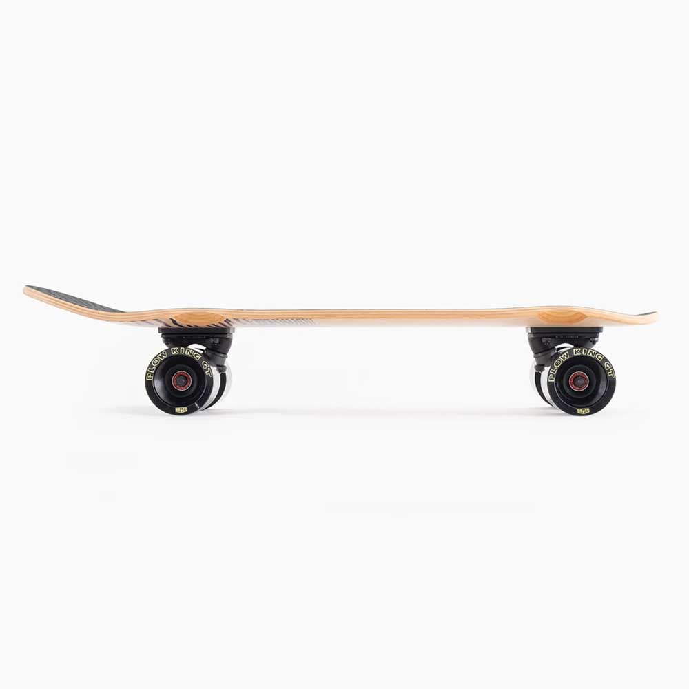 Side view of the Landyachtz Dinghy Classic Fender Moray Eel Complete Skateboard on a white background, featuring molded wheel flares, black wheels with red bearings, and a slightly curved wooden deck at both ends.