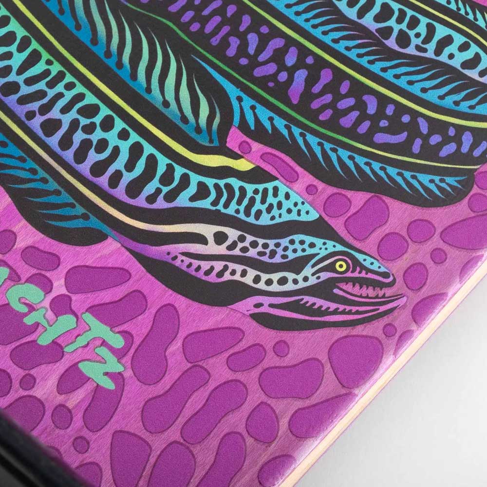 A close-up of stylized eel illustrations with blue, green, and purple patterns on a vibrant purple background; green text in the lower left corner highlights the Dinghy Classic Fender Moray Eel Landyachtz Complete Skateboard.