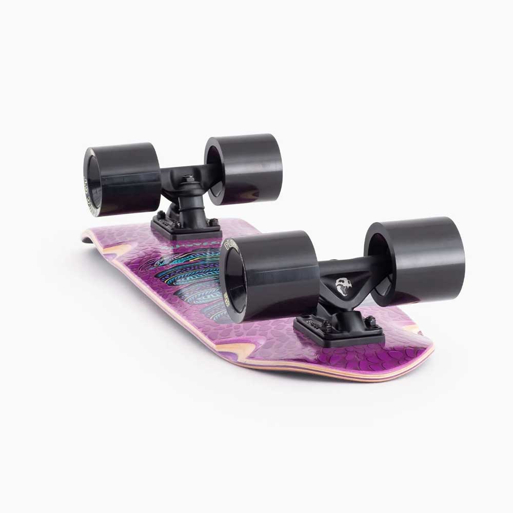 A close-up of the underside of the Dinghy Classic Fender Moray Eel Landyachtz Complete Skateboard with large 74mm black wheels and a purple deck featuring a colorful graphic, shown against a white background.