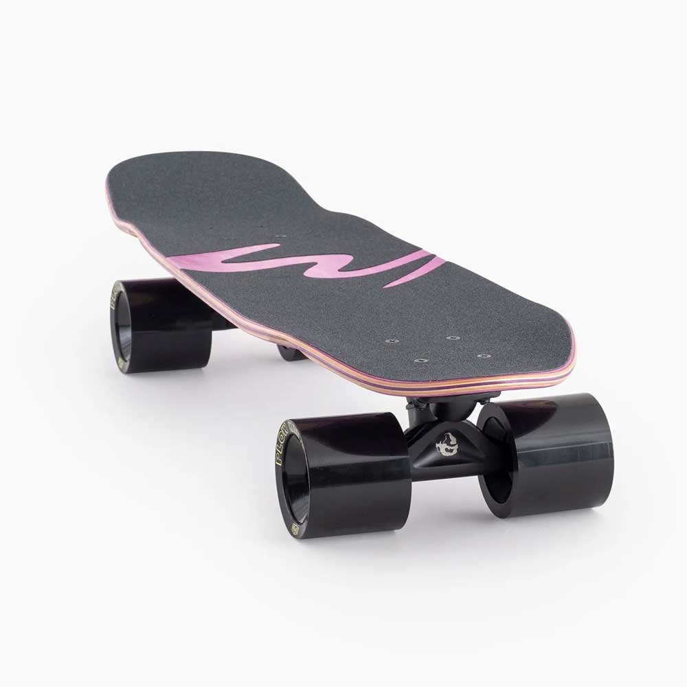 The Dinghy Classic Fender Moray Eel Landyachtz Complete Skateboard features a black deck with a pink stripe and large 74mm black wheels, shown on a plain white background.
