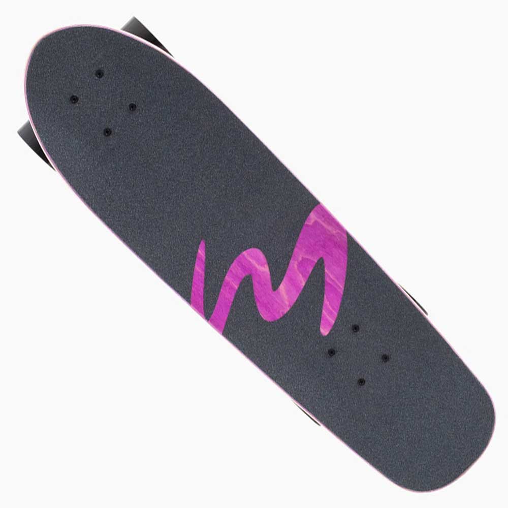 The Dinghy Classic Fender Moray Eel Landyachtz Complete Skateboard features black grip tape with a large pink wavy M design, viewed from above on a white background. Inspired by the Classic Fender and equipped with smooth 74mm wheels.
