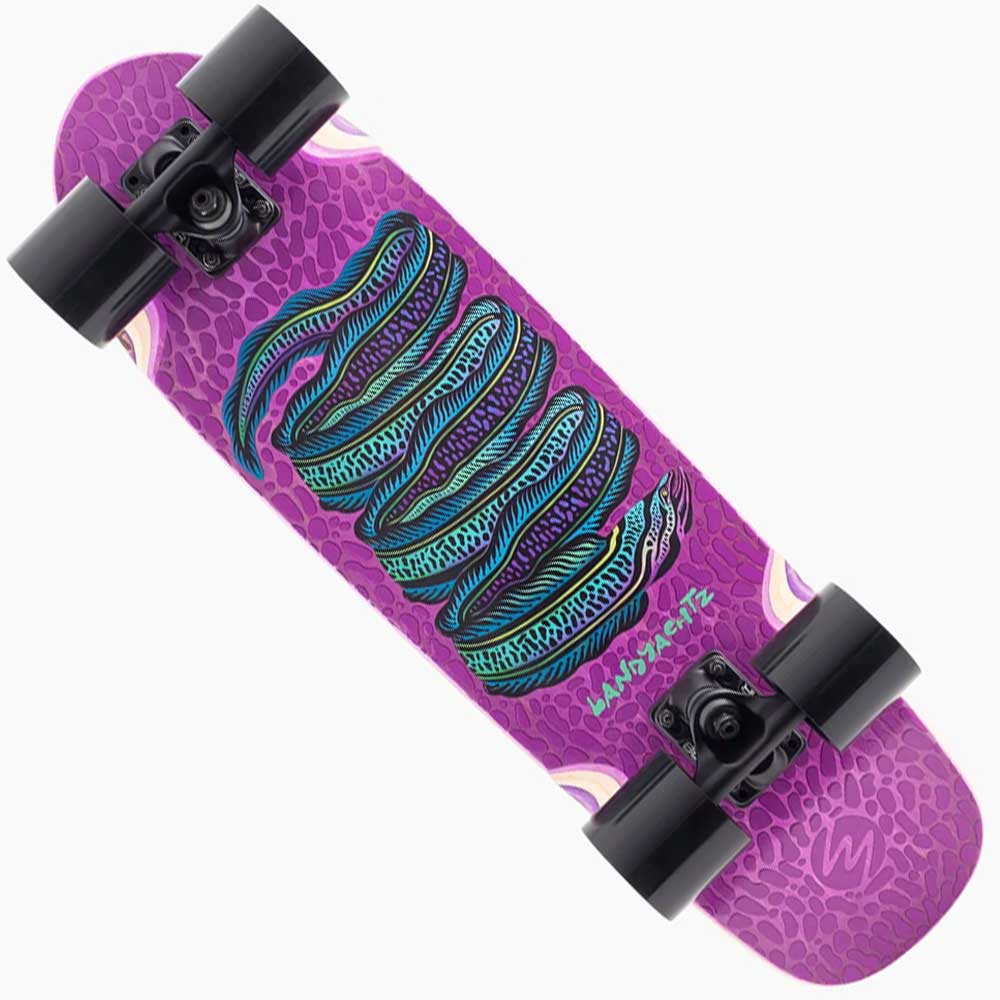 The Dinghy Classic Fender Moray Eel Landyachtz Complete Skateboard features 74mm wheels, a blue and green eel graphic at the center, a textured scale-patterned deck, and Landyachtz branding on the right.