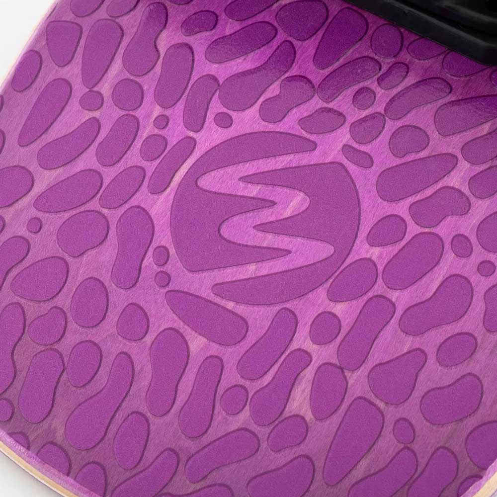 Close-up of a purple, pebble-textured surface featuring a stylized E logo, inspired by cruiser skateboards and the Dinghy Classic Fender Moray Eel Landyachtz Complete Skateboard's signature 74mm wheels.