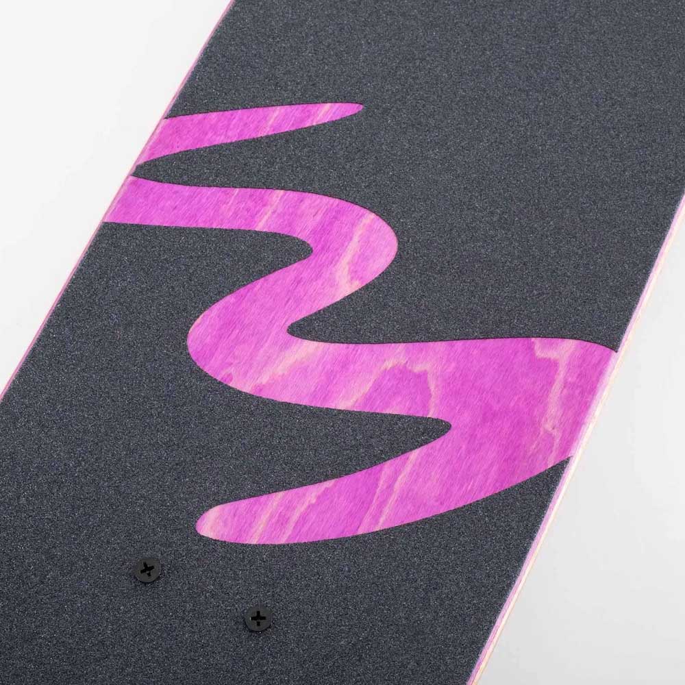 A close-up of the Dinghy Classic Fender Moray Eel Landyachtz Complete Skateboard deck shows black grip tape with a wavy, bright pink diagonal design and two screws by the edge, making it an ideal match for 74mm wheels.