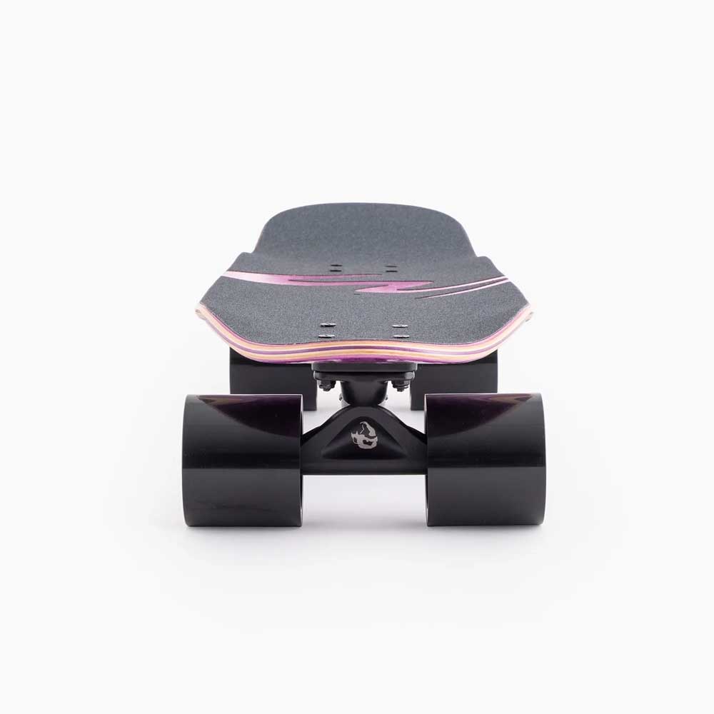 Front view of the Dinghy Classic Fender Moray Eel Landyachtz Complete Skateboard with large 74mm black wheels and pink deck trim, displayed on a clean white backdrop.