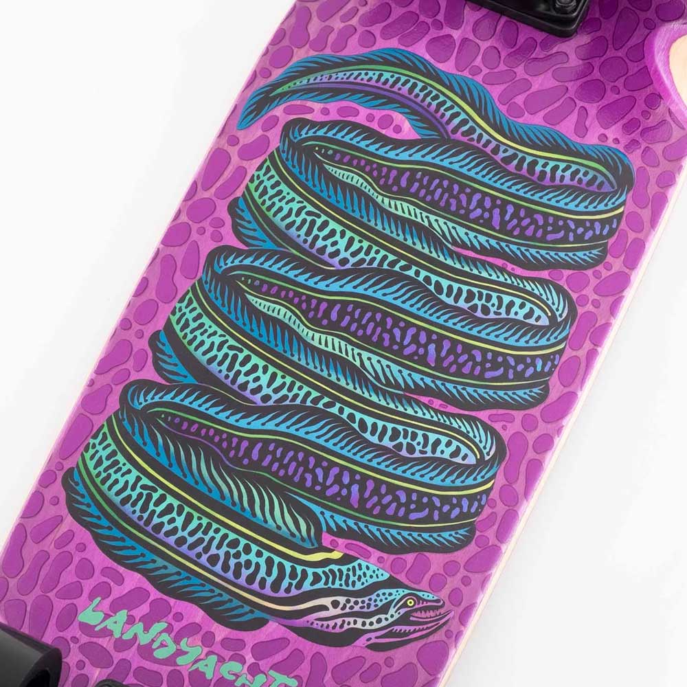 The Dinghy Classic Fender Moray Eel Landyachtz Complete Skateboard sports a vivid purple deck with a blue-green coiled eel illustration and teal LANDYACHTZ branding—an ideal cruiser to pair with 74mm wheels.