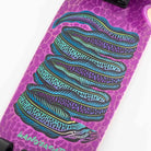 The Dinghy Classic Fender Moray Eel Landyachtz Complete Skateboard sports a vivid purple deck with a blue-green coiled eel illustration and teal LANDYACHTZ branding—an ideal cruiser to pair with 74mm wheels.