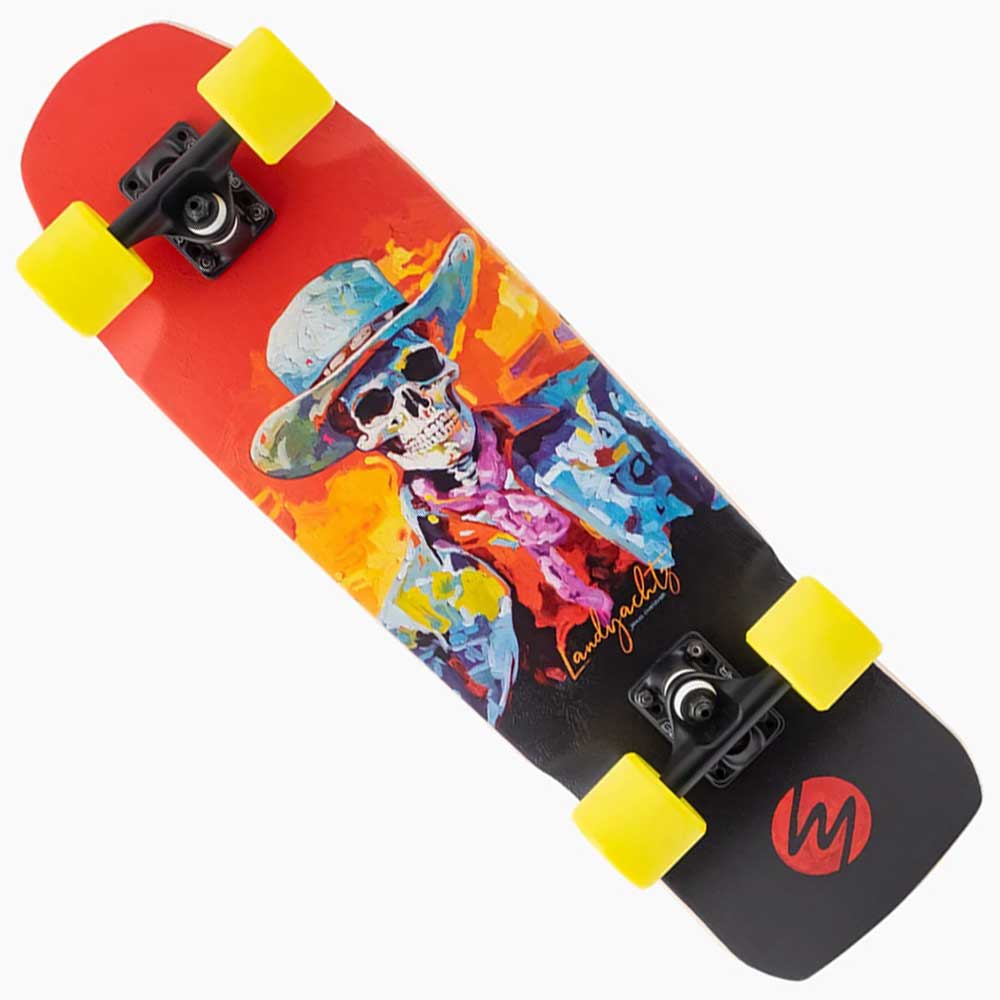 The Dinghy Legend Classic Landyachtz Complete Skateboard features bright yellow wheels and a vibrant deck with artwork of a skeleton in a cowboy hat, sunglasses, and scarf. Molded wheel flares combine style and function for an eye-catching cruiser.