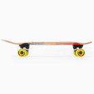 A side view of the Dinghy Legend Classic Landyachtz Complete Skateboard with a wooden deck, yellow wheels, black trucks, and molded wheel flares, set against a white background.