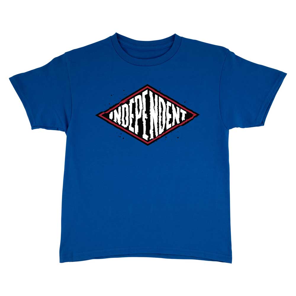 Distortion Shortsleeve Midweight YOUTH T-Shirt in royal blue with a central diamond-shaped INDEPENDENT logo in bold, distressed white letters outlined in black and red.