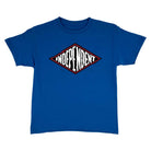 The Distortion Midweight YOUTH T-Shirt Royal Independent Tee is a blue shirt featuring a central diamond-shaped "INDEPENDENT" logo in white distressed letters with black and red outlines.