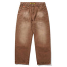 The Distressed Brown Relaxed Denim Jeans by Butter Goods feature a straight-leg fit, faded thigh effect, front pockets, belt loops, an orange label above the right pocket, and are made from 100% cotton.