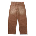 Distressed Brown Relaxed Denim Jeans from Butter Goods, shown from the back, feature two rear pockets, belt loops, a leather patch on the waistband, and a relaxed fit straight-leg silhouette with subtle fading. 100% cotton.