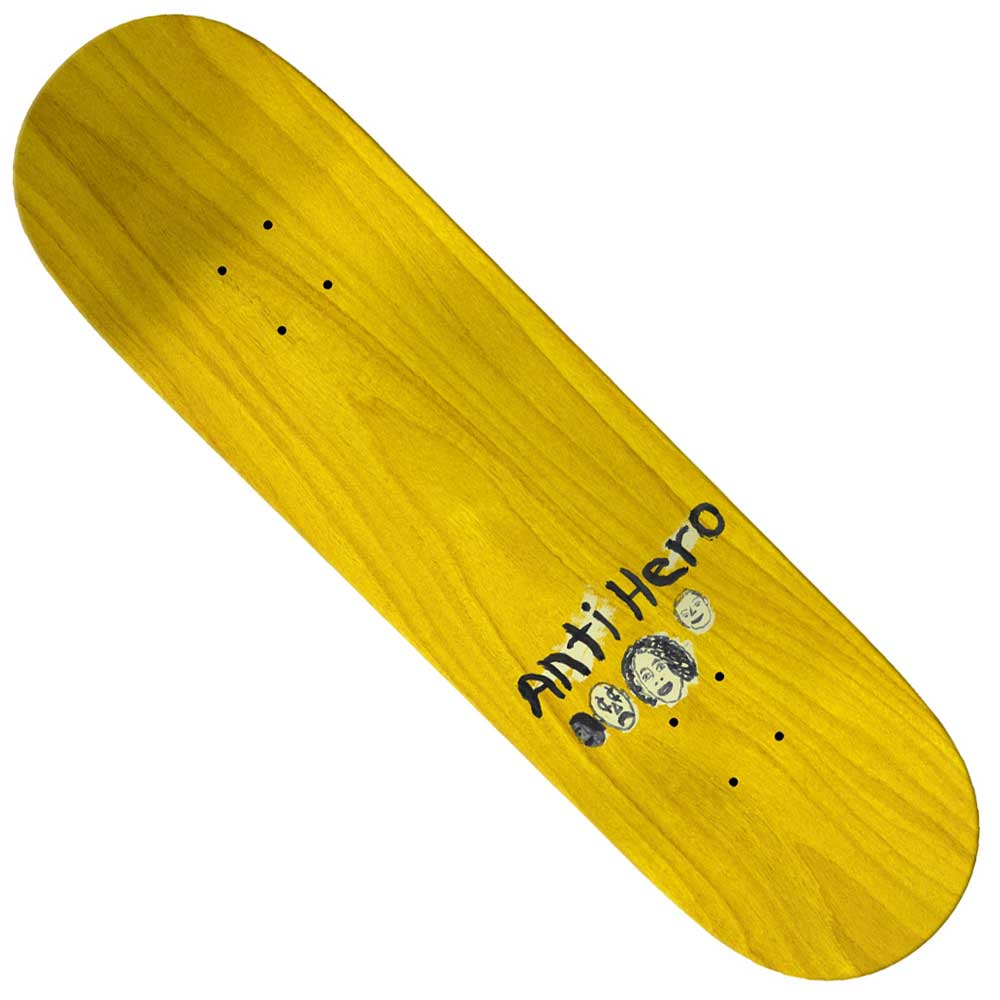 A blue Doobie Expressions 8.28x31.7 Anti Hero Skateboards Deck featuring the word ANTI HERO and three small illustrated faces near one end.