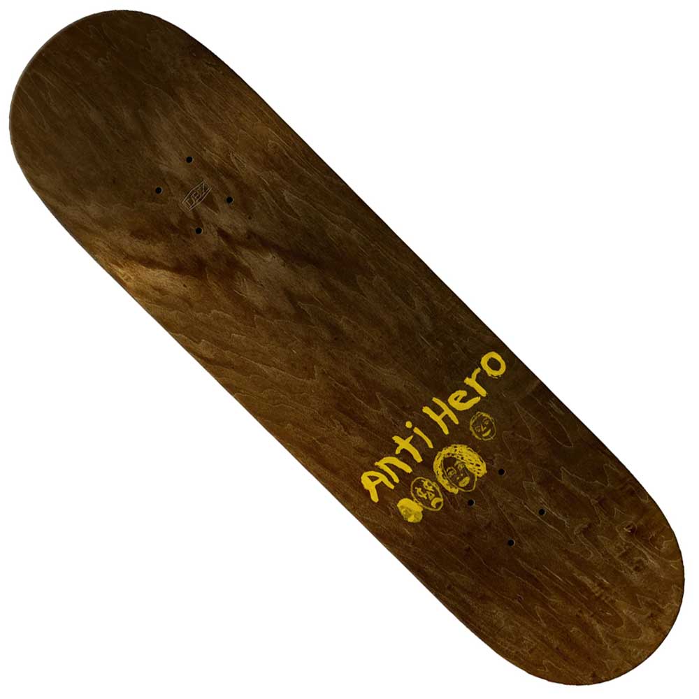 The Doobie Expressions 8.75x31.75 Cream Deck by Anti Hero Skateboards features yellow "ANTI HERO" text and Doobie Expressions graphics on a cream background.