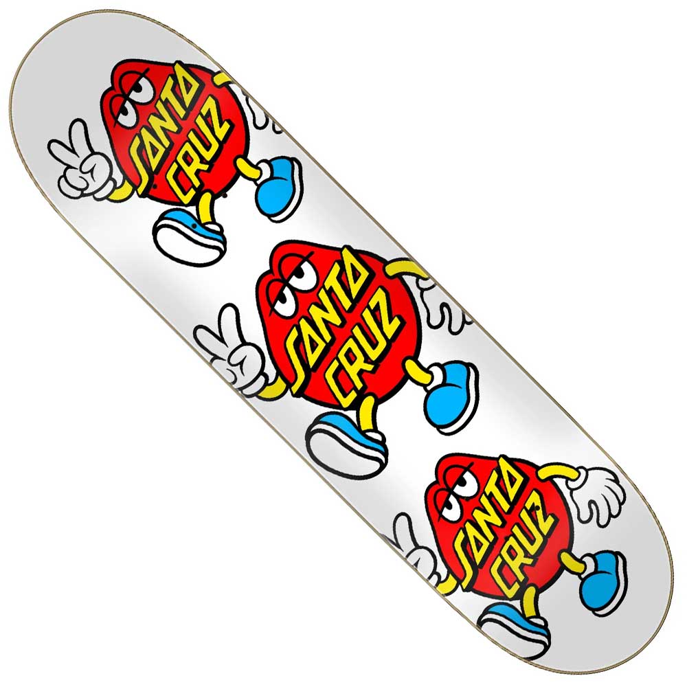 The Dot Guy 8.00in x 30.50in Santa Cruz Skateboards Deck features a white background with three red, cartoon-style characters sporting blue shoes and white gloves making peace signs, along with yellow Santa Cruz Skateboards logos.