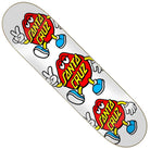 The Dot Guy 8.00in x 30.50in Santa Cruz Skateboards Deck features a white background with three red, cartoon-style characters sporting blue shoes and white gloves making peace signs, along with yellow Santa Cruz Skateboards logos.