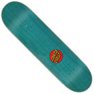A teal Dot Guy 8.00in x 30.50in Santa Cruz Skateboards deck featuring a bold red and yellow Santa Cruz Skateboards logo in the center. This deck does not come with grip tape, trucks, or wheels attached.