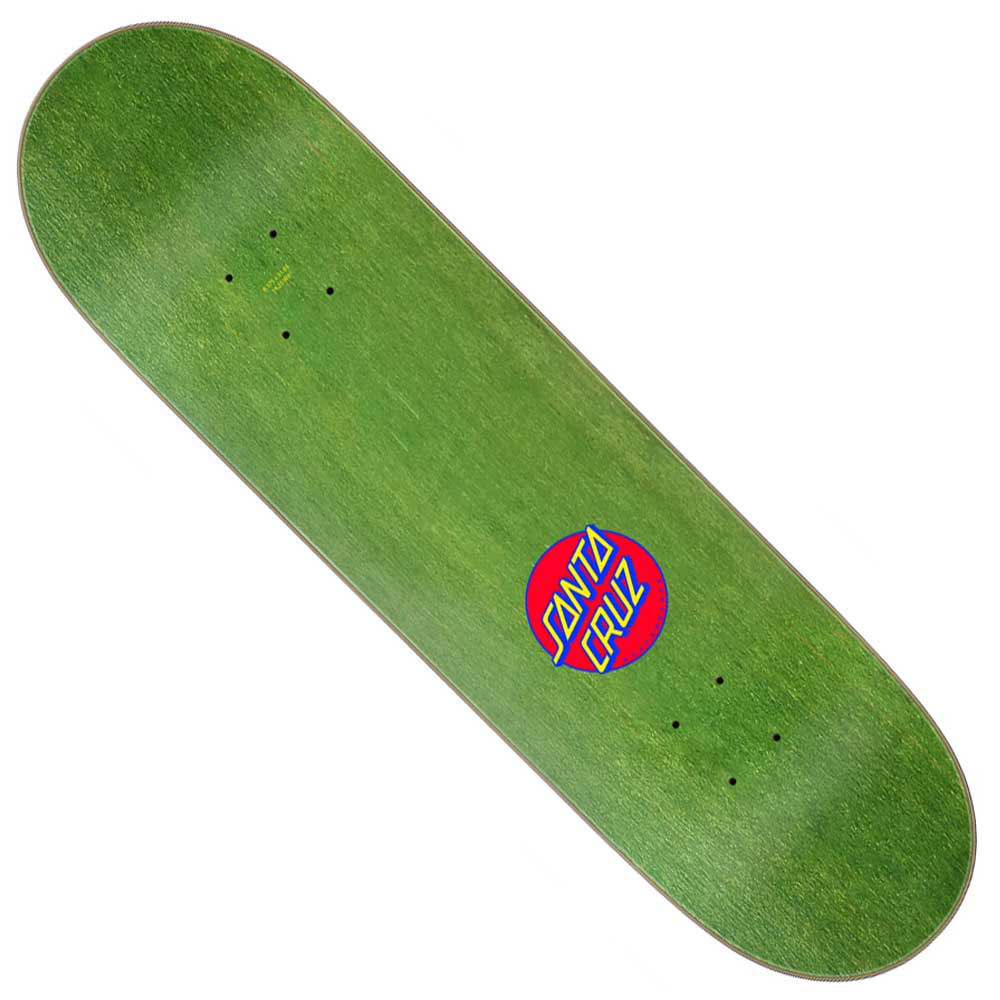 The Dot Guy 8.375in x 31.83in Santa Cruz Deck features a green 7-ply North American Maple construction with a distinctive blue and red Santa Cruz logo near one end. This plain deck comes without grip tape and includes visible truck mounting holes, showcasing the renowned craftsmanship associated with Santa Cruz Skateboards.
