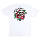 The Dressen Skull Rose S/S Heavyweight T-Shirt in white features a skull inside a red rose with green leaves on the back, plus "INDEPENDENT" in black text above—ideal for fans of Independent Trucks.