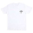 The Dressen Skull Rose S/S Heavyweight T-Shirt in white by Independent features a small black "INDEPENDENT" cross graphic on the left chest; this men's skateboard apparel is simple and stylish.
