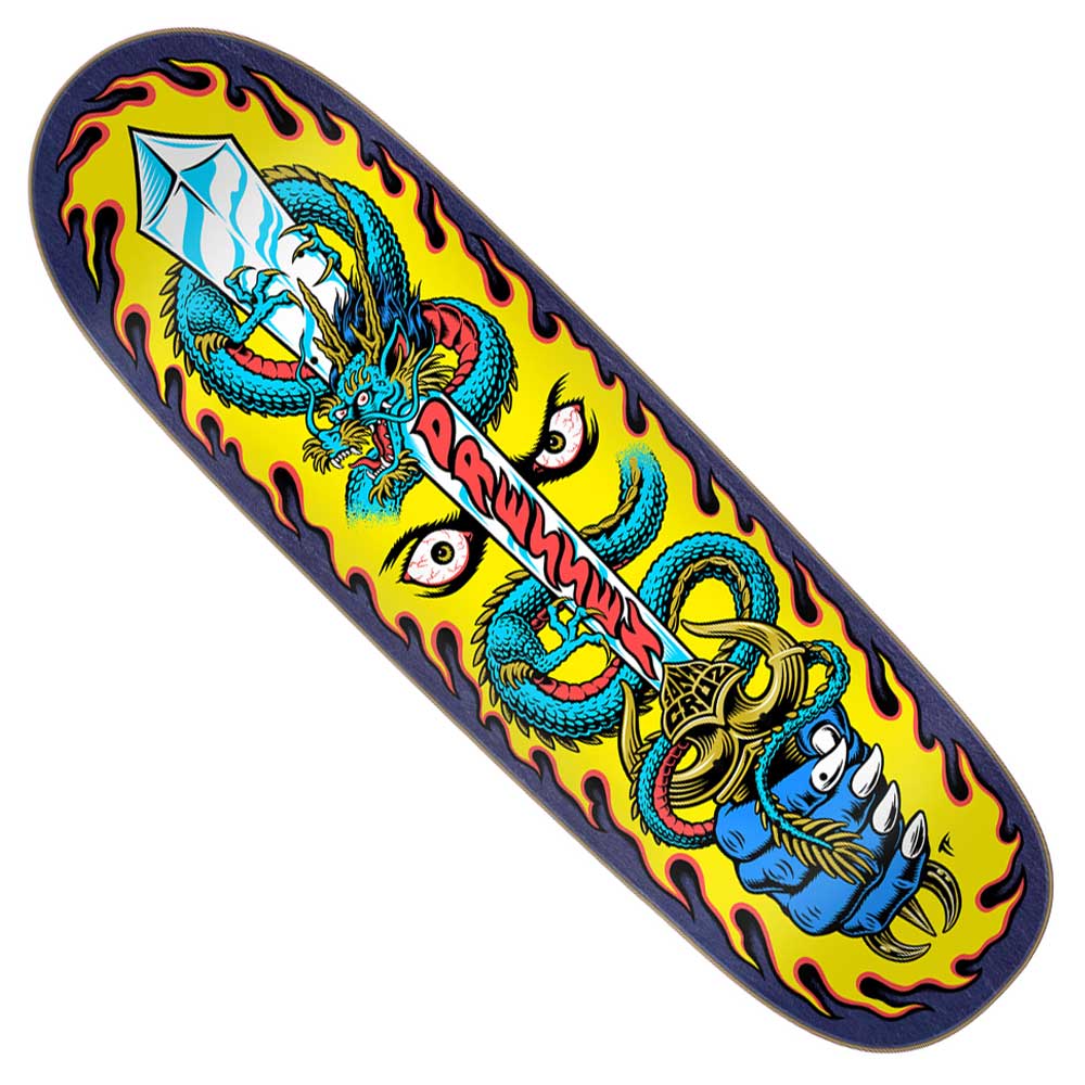 The Dressen Sword Pro Shaped 9.25in x 31.95in Santa Cruz Skateboards deck features a yellow background, blue flame border, and bold blue dragon coiled around the Dressen Sword, held by a blue hand and marked with “DRINKWATER.”.