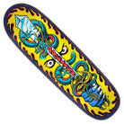 The Dressen Sword Pro Shaped 9.25in x 31.95in Santa Cruz Skateboards deck features a yellow background, blue flame border, and bold blue dragon coiled around the Dressen Sword, held by a blue hand and marked with “DRINKWATER.”.