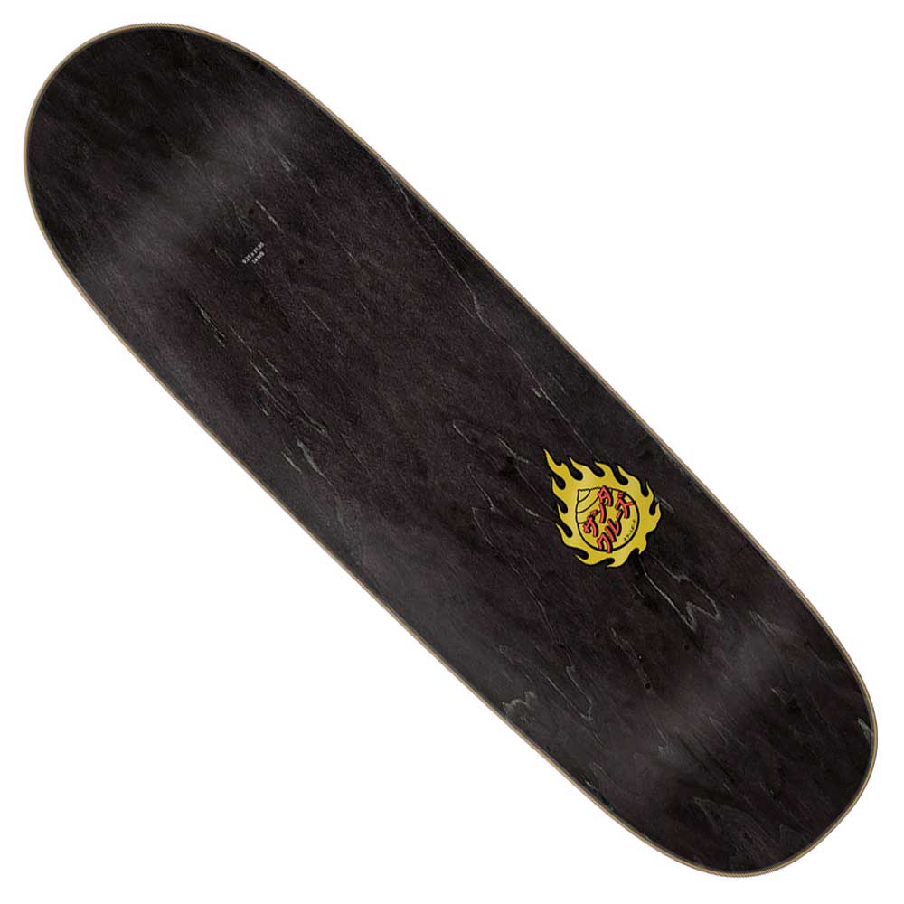 The Dressen Sword Pro Shaped 9.25in x 31.95in Deck by Santa Cruz Skateboards features a bold red logo, yellow flame graphic, and subtle wood grain background inspired by the iconic Dressen Sword design.