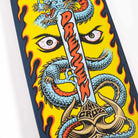 The Dressen Sword Pro Shaped 9.25in x 31.95in Santa Cruz Skateboard features a bold blue dragon entwined with a sword, fiery edge graphics, and the Santa Cruz logo on the hilt, showcasing classic Santa Cruz style.
