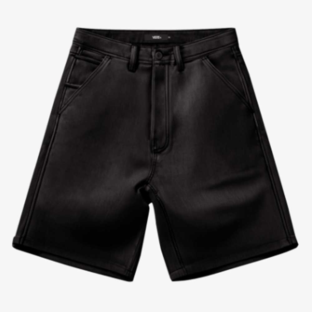 The Drill Chore Loose Shorts Black Denim Vans Skateboarding VN000T52BLK1 feature a high waist, belt loops, front zipper and button closure, two front pockets, visible stitching, and a relaxed fit in black denim.
