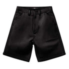 The Drill Chore Loose Shorts Black Denim Vans Skateboarding VN000T52BLK1 feature a high waist, front zipper and button closure, and side pockets. Crafted from black denim in a relaxed fit, these shorts are designed for all-day comfort and effortless style. Shown on a white background.