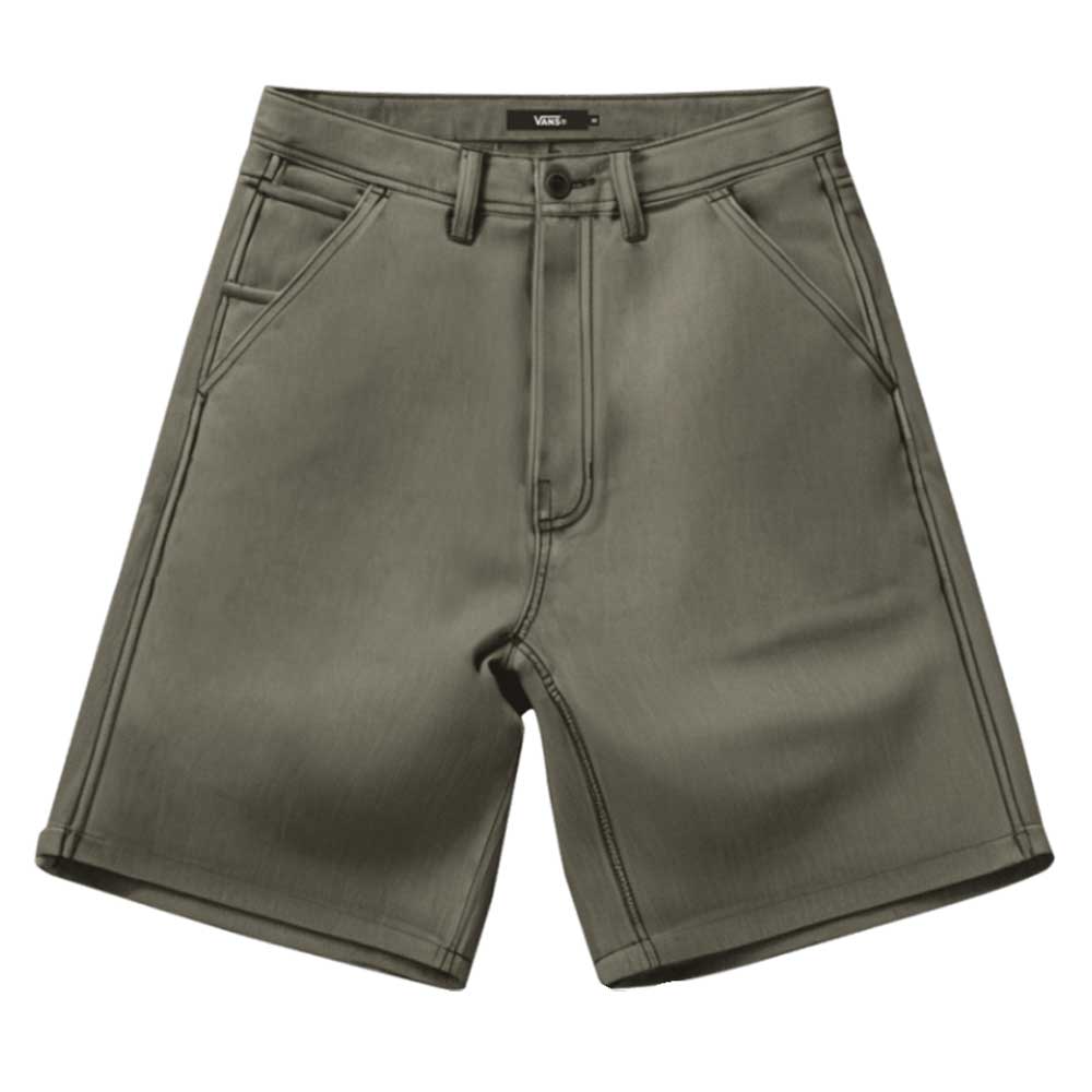 Mossy olive canvas Drill Chore Loose Shorts by Vans Skateboarding (VN000T52FR11) feature a relaxed fit, knee length, front and back pockets, belt loops, a button closure, visible stitching, and durable workwear-inspired style.