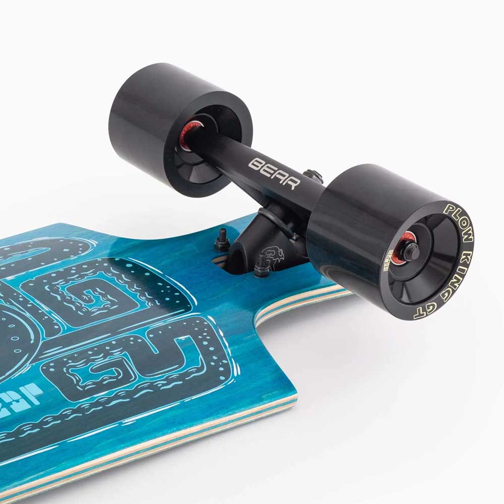 Close-up of a blue Drop Hammer Octomaze Landyachtz Complete Skateboard with black Bear trucks and large black Plow King GT wheels, perfect for city commuters, displayed on a white background.
