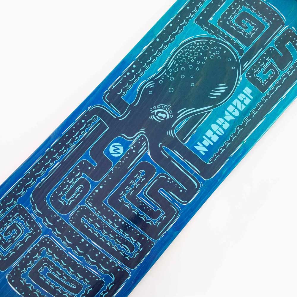 A close-up of the Drop Hammer Octomaze Landyachtz Complete Skateboard shows its blue deck with an intricate maze design, a stylized octopus at the center, and “NEVER” partially visible in bold letters.