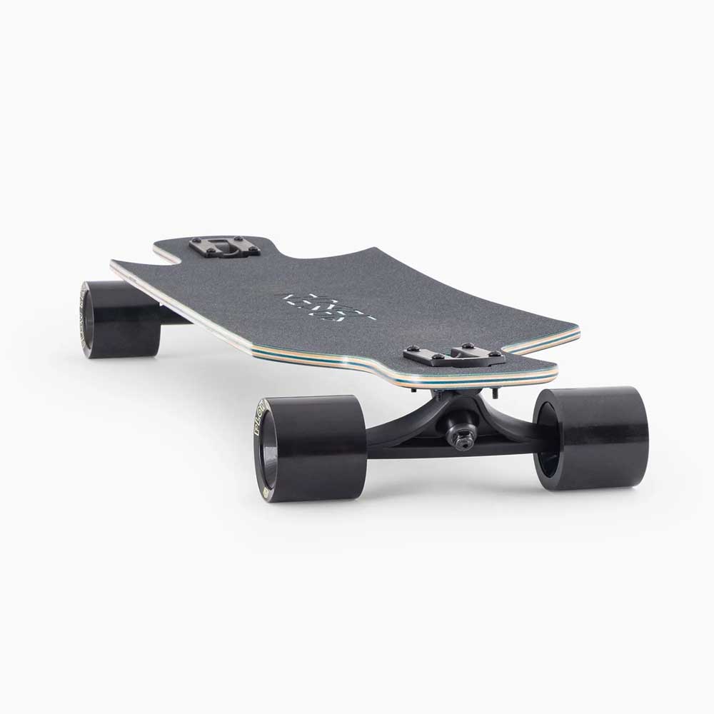 The Drop Hammer Octomaze Landyachtz Complete Skateboard, a modern black drop-through longboard with large wheels, a contoured deck, black grip tape, and metal hardware, is displayed on a white background.