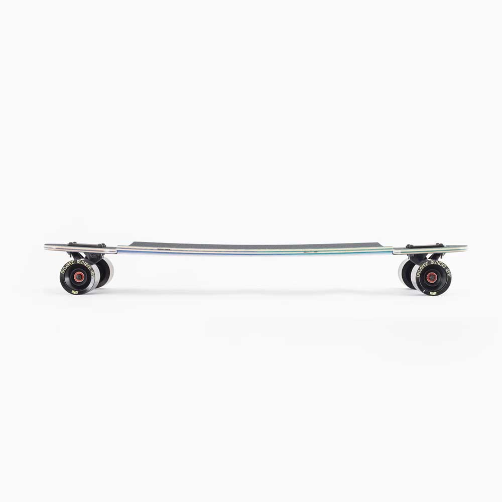 A side view of the Drop Hammer Octomaze Landyachtz complete skateboard, featuring black wheels and a slightly concave black deck, set against a plain white background.