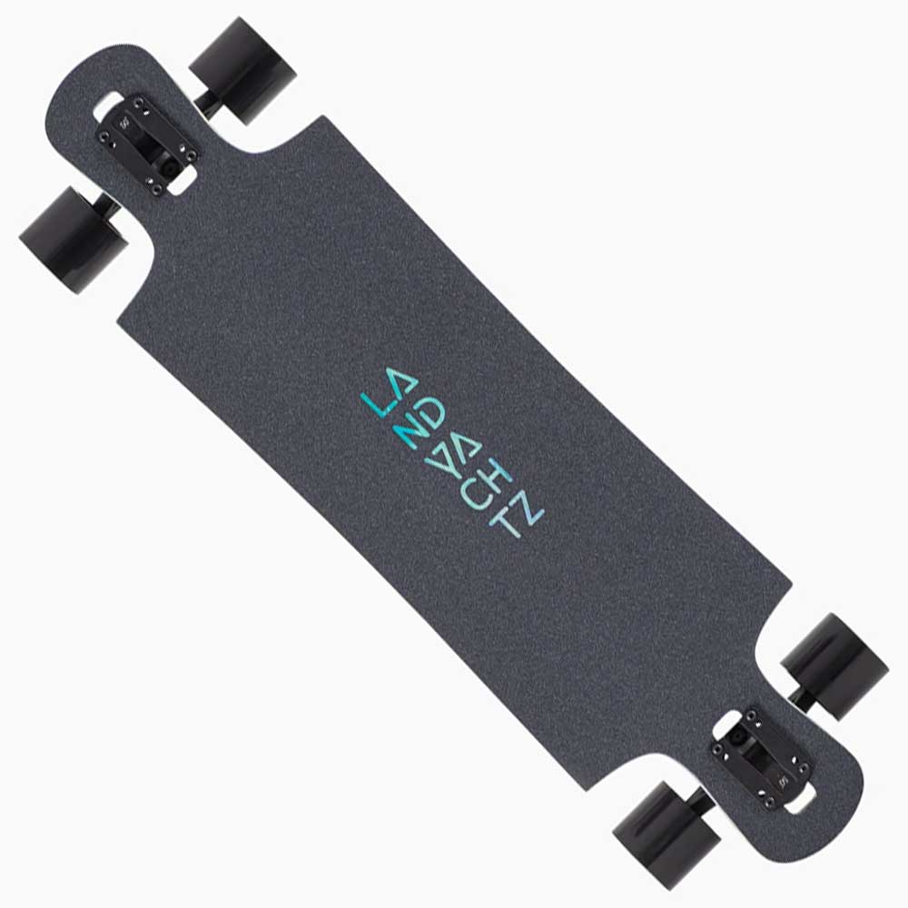 The Drop Hammer Octomaze Landyachtz Complete Skateboard features a black drop-through deck, textured grip, black wheels, and a geometric center logo, shown on a white background.