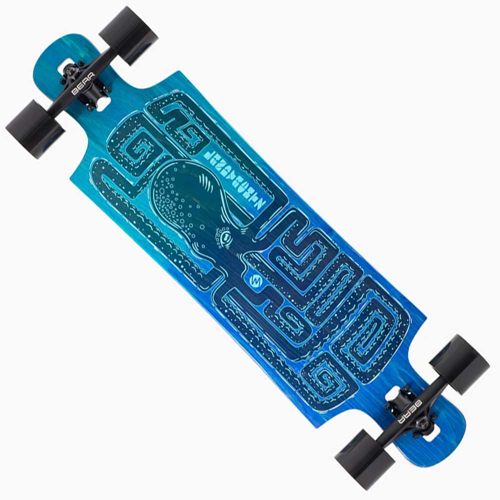The Drop Hammer Octomaze Landyachtz Complete Skateboard is a blue drop-through longboard with black wheels, showcasing an intricate octopus and maze design on the deck.
