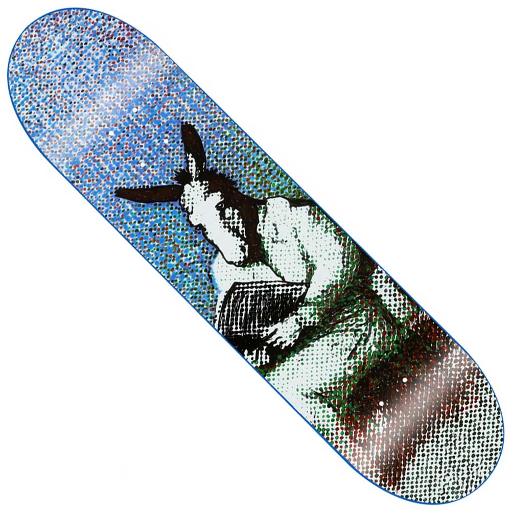 Introducing the Dumb Donkey 8.25x32.125 GX1000 Deck Skateboard, crafted from 100% wood and proudly made in Mexico. This standout skateboard deck features the unique “Dumb Donkey” design—a stylized figure in a dress with a donkey head holding a book, set against a vibrant dotted backdrop—blending eye-catching artistry with durable craftsmanship.