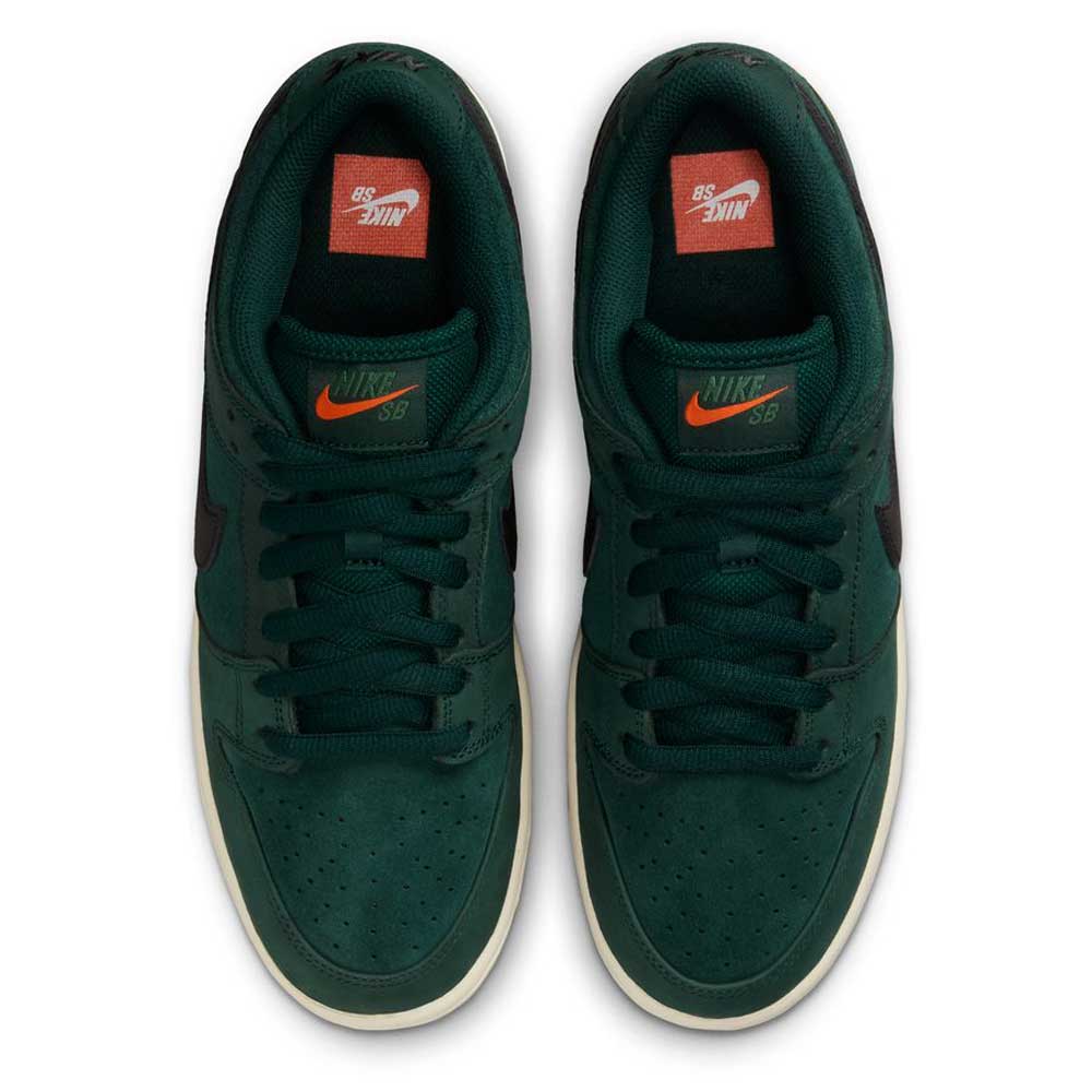 The Dunk Low Pro FJ1674300 Deep Fir Black Fir Sail Nike SB shoes feature deep green suede, black laces, black Swooshes, white midsoles, and orange Nike SB tongue and insole logos—all viewed from above.