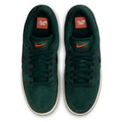 The Dunk Low Pro FJ1674300 Deep Fir Black Fir Sail Nike SB shoes feature deep green suede, black laces, black Swooshes, white midsoles, and orange Nike SB tongue and insole logos—all viewed from above.