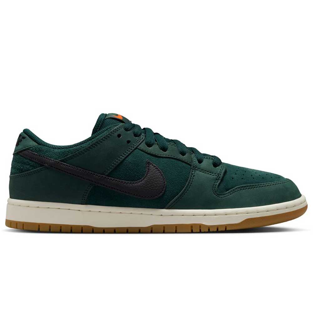 The Nike Dunk Low Pro FJ1674-300 "Deep Fir/Black/Fir/Sail" SB suede shoes feature a dark green upper, black swoosh, matching green laces, and a beige sole with gum outsole shown in side profile—a timeless classic sneaker.
