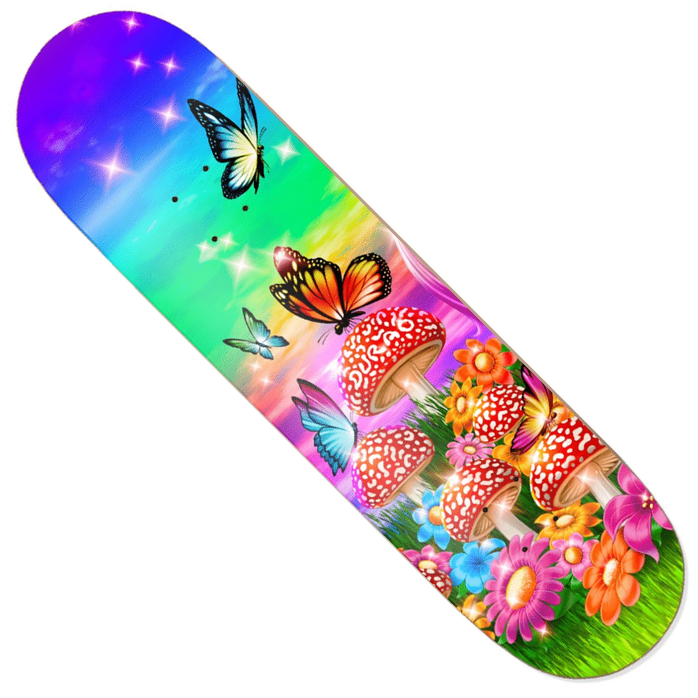 The Durao Princess 8.38x32 Hardbody Skateboard Deck Multicolor features a vibrant gradient background with butterflies, red and white mushrooms, and colorful flowers for a whimsical fantasy look.