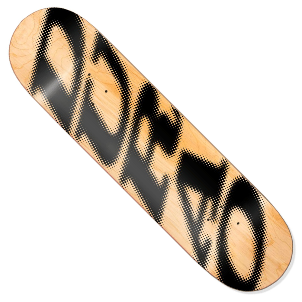 The Durao Spot Logo 8.38x32 Hardbody Skateboard Deck features bold, black dotted letters on a natural wood background, combining style with visible wood grain for a striking look.